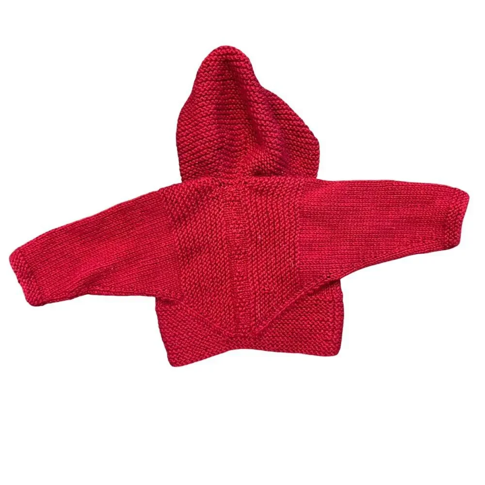 Handmade Red Knit Baby Hoodie with Bunny Button Detail Size 3-6 Months